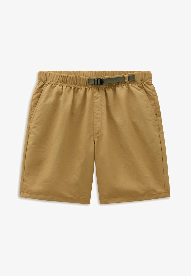 Pantalones cortos beige con cintura elástica y correa ajustable verde. Cuenta con bolsillos laterales y una textura de tela suave y ligera.