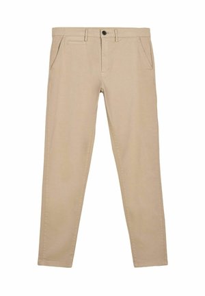Pantaloni beige slim-fit con tasche laterali e piccola tasca frontale, passanti per cintura e chiusura a bottone in vita.