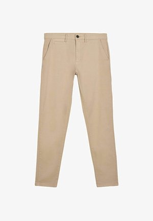 Pantalones slim-fit beige con bolsillos laterales y un pequeño bolsillo frontal, pasantes para cinturón y cierre de botón en la cintura.