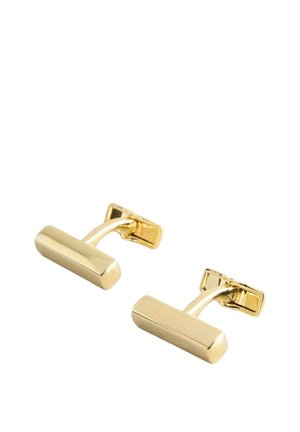 Goldfarbene Manschettenknöpfe mit einem glatten, rechteckigen Rohrdesign, einem gebogenen Verbindungsstück, polierter Oberfläche und einer rechteckigen Rückseite zur Befestigung.