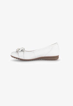 White leather ballet flat with a rounded toe, featuring a silver chain accent on the front and a brown rubber sole. Smooth texture.