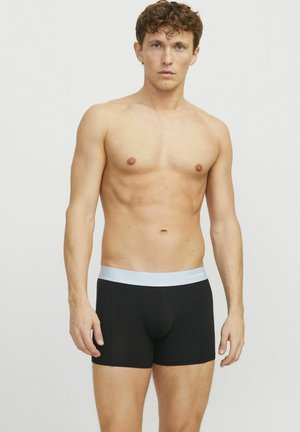 Zwarte boxershorts met een lichtblauwe elastische tailleband. Het materiaal lijkt zacht te zijn met een gladde textuur. Ontworpen voor een strakke pasvorm.