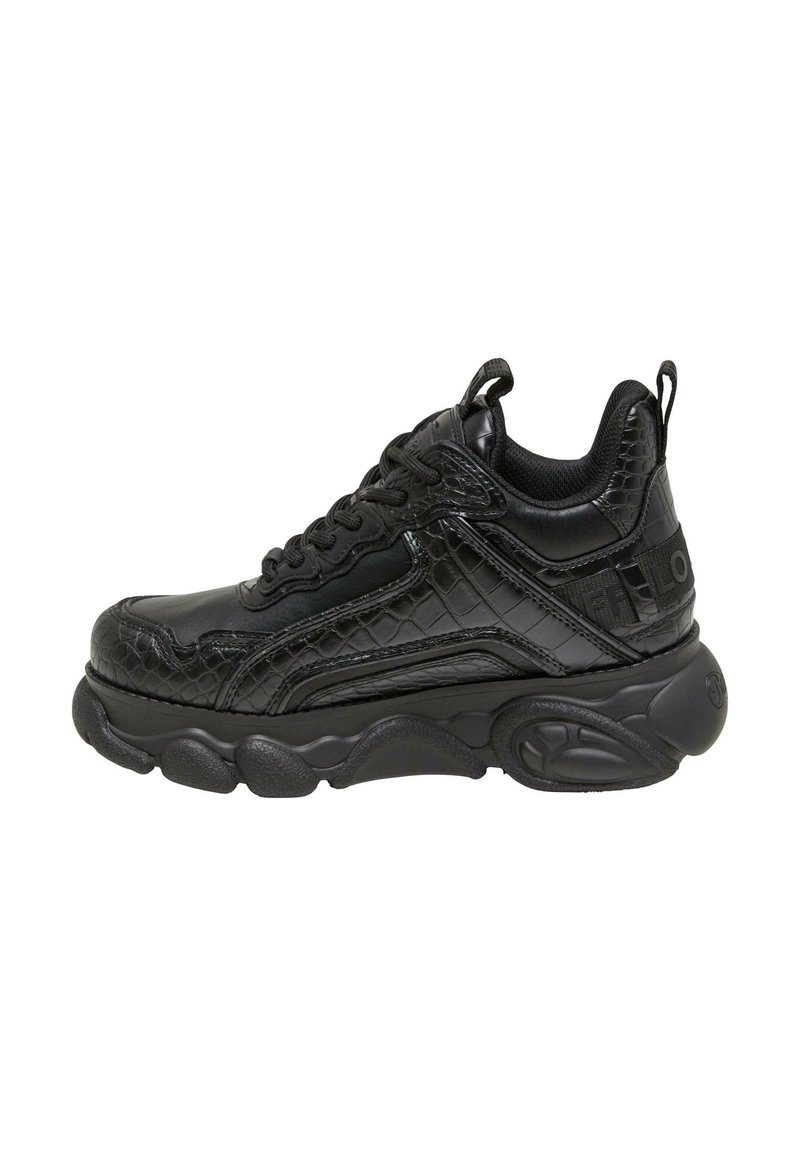 Scarpe da ginnastica nere con texture a coccodrillo, punta rotonda, suola spessa e imbottita, e un sistema di allacciatura prominente. Presentano un design a taglio basso.