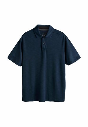 Marineblaues Poloshirt mit Kragen, kurzen Ärmeln und einer zweiknöpfigen Knopfleiste. Hergestellt aus leichtem, strukturiertem Stoff mit dezenten horizontalen Streifen.