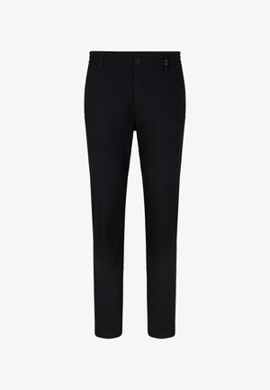 Pantaloni neri realizzati in tessuto testurizzato, dotati di chiusura a bottoni e passanti per cintura. Taglio dritto con orlo pulito.