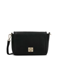 Borsa a tracolla in pelle nera con finitura texture, hardware dorato, chiusura a patta e dettagli con logo sul davanti.