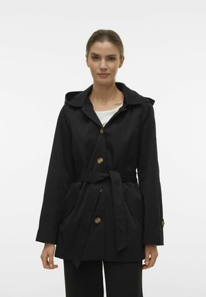Black jacket with hood, cinched waist, button front, two front pockets, gold-tone buttons, and a smooth, lightweight fabric.