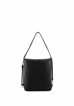 Sac d'épaule en cuir noir avec bandoulière ajustable et fermoirs argentés, de forme rectangulaire avec une texture lisse sur fond blanc.