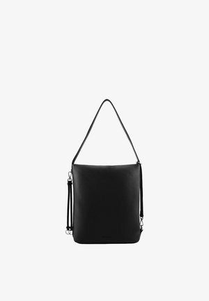 Sac d'épaule en cuir noir avec bandoulière ajustable et fermoirs argentés, de forme rectangulaire avec une texture lisse sur fond blanc.