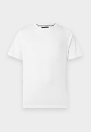 T-shirt branca de manga curta com decote redondo, feita de tecido de algodão suave, apresentando um design liso e bainha de corte reto.