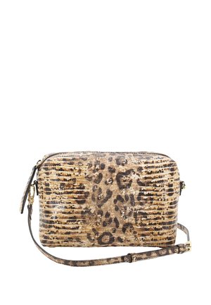 Leopard print crossbody bag with a textured faux leather exterior, gold hardware accents, and an adjustable strap. Rectangular shape.