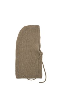 Rippige braune Strickmütze mit langem Schnitt, seitlichem Bindeband und weicher Textur. Die Oberseite hat eine abgerundete Kante.