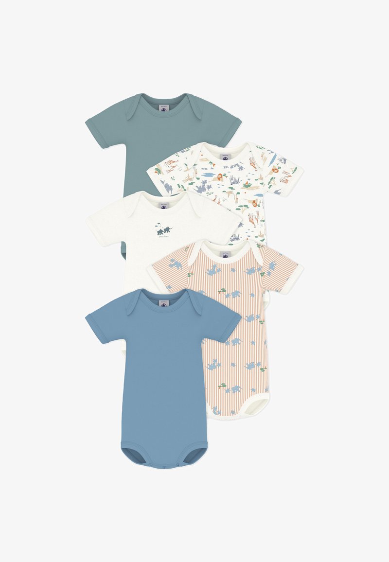 Σετ από πέντε βαμβακερά φορμάκια μωρού: ένα μονόχρωμο σε τιρκουάζ, δύο λευκά με πολύχρωμα ζωάκια, ένα γαλάζιο και ένα ριγέ σε ροδακινί απόχρωση.