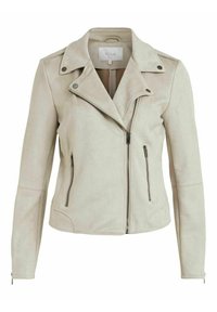 Ljust beige mockaskinns bikerjacka med en asymmetrisk dragkedja framtill, två zip-fickor, tryckknappar på kragen och långa ärmar.