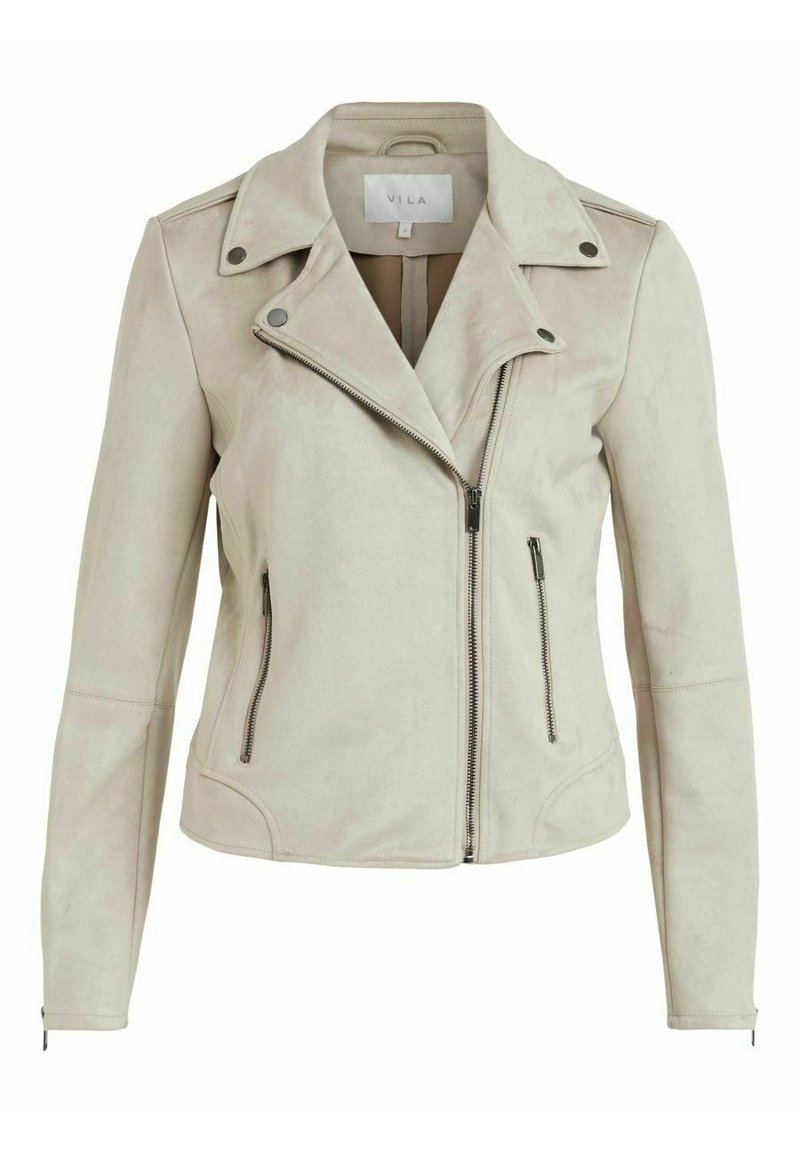 Ljust beige mockaskinns bikerjacka med en asymmetrisk dragkedja framtill, två zip-fickor, tryckknappar på kragen och långa ärmar.