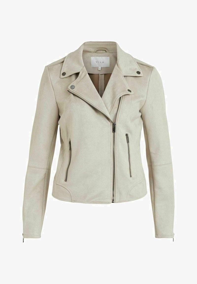 Ljust beige mockaskinns bikerjacka med en asymmetrisk dragkedja framtill, två zip-fickor, tryckknappar på kragen och långa ärmar.