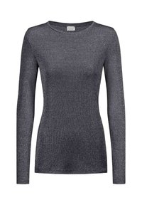 Langärmliges Oberteil in Dunkelgrau, aus geripptem, leicht schimmerndem Stoff. Verfügt über einen runden Ausschnitt und eine taillierte Passform.