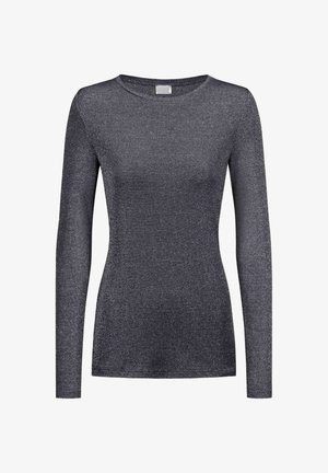Long-sleeve top in dark gray, made of ribbed, slightly shimmery fabric. Features a round neckline and fitted design.