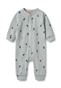 Grå bomuldsoveralls med lange ærmer, dekoreret med pingvin- og stjernemønstre. Har en frontlukning med trykknapper og ribstrikkede manchetter.