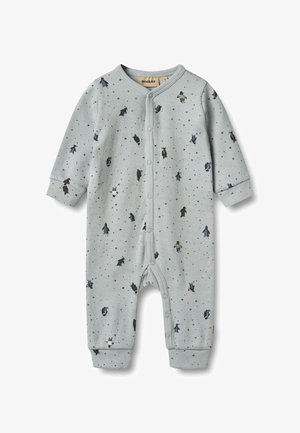 Body gris de algodón con mangas largas, decorado con patrones de pingüinos y estrellas. Cuenta con cierres de botones a presión en la parte frontal y puños acanalados.