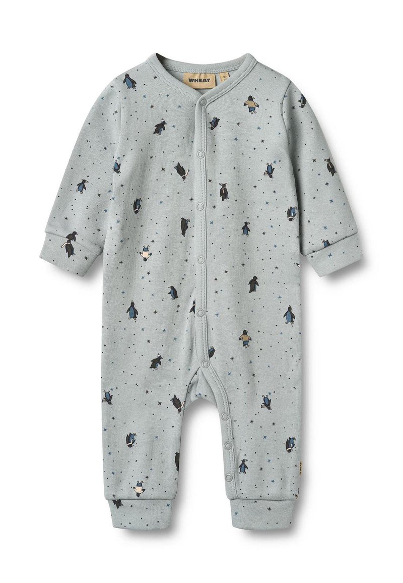 Grå bomuldsoveralls med lange ærmer, dekoreret med pingvin- og stjernemønstre. Har en frontlukning med trykknapper og ribstrikkede manchetter.