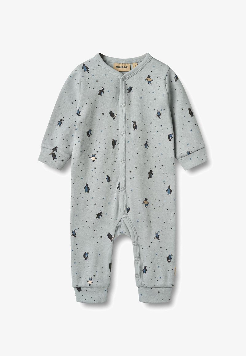 Grå bomuldsoveralls med lange ærmer, dekoreret med pingvin- og stjernemønstre. Har en frontlukning med trykknapper og ribstrikkede manchetter.