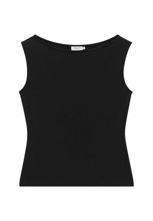 Musta hihaton toppi pyöreällä kaula-aukolla, valmistettu sileästä kankaasta. Muotoileva siluetti, jossa on minimaaliset ompeluyksityiskohdat.
