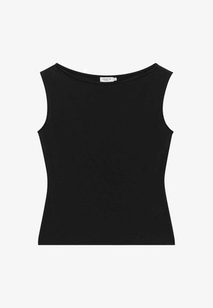 Musta hihaton toppi pyöreällä kaula-aukolla, valmistettu sileästä kankaasta. Muotoileva siluetti, jossa on minimaaliset ompeluyksityiskohdat.