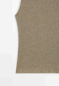 Sleeveless ribbed knit top in light brown, showing close-up of fabric texture and side seam on a white background.