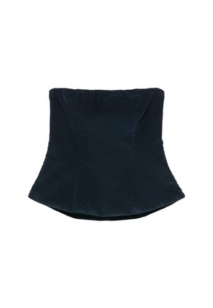 Strukturirana, temno modra korduroj srajca s razširjenim dnom, ki ima navpične rebraste vzorce, prilegajoč se pas in brez vidnih kovinskih delov ali okrasnih elementov.