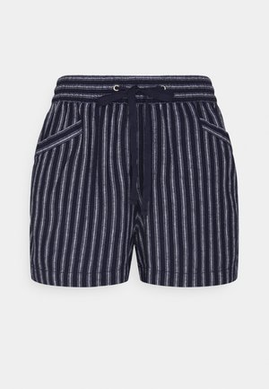 Pantalones cortos azul marino con rayas blancas verticales, cintura elástica, lazo delantero ajustable y bolsillos delanteros inclinados.