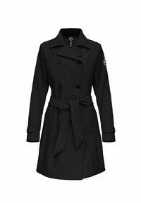 Černý trench coat s dvojitými knoflíky, páskem v pase a klasickým límcem; hladká textura s dlouhými rukávy.