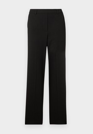 Pantaloni neri su misura con design a gamba dritta, caratterizzati da una parte frontale piatta, senza tasche e una texture di tessuto liscia.
