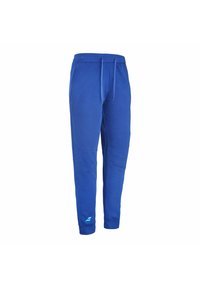 Blauwe sweatpants met een elastische tailleband en trekkoord. Voorzien van zijzakken en geribbelde boorden. Gladde stof met een lichte glans.