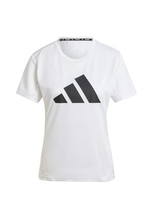 Weißes sportliches T-Shirt mit kurzen Ärmeln, das ein großes schwarzes adidas Trefoil-Logo auf der Vorderseite und einen gebrandeten schwarz-weißen Halsausschnitt aufweist.