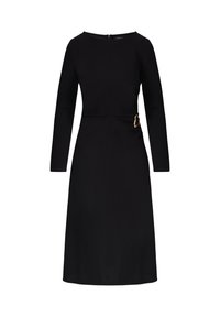 Schwarzes langärmliges Midikleid mit rundem Halsausschnitt und goldener Schnallendetail in der Taillie, taillierte Silhouette.
