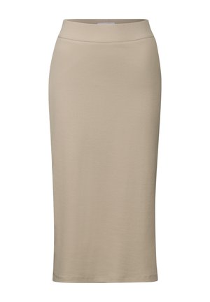 Beige, knee-length, form-fitting skirt with a smooth waistband and subtle ribbed texture, suitable for casual or professional wear.