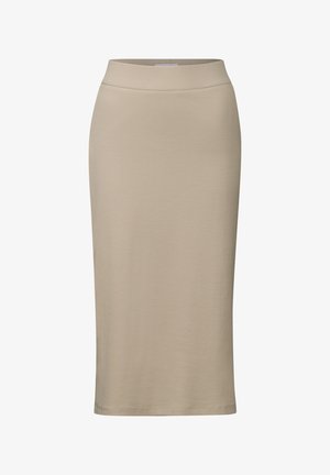 Beige, knielanger, figurbetonter Rock mit einem glatten Bund und subtiler gerippter Textur, geeignet für legere oder professionelle Anlässe.