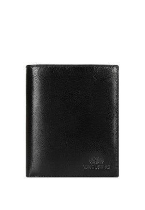 Czarny skórzany portfel z widoczną fakturą ziaren i wytłoczonym logo Wittchen w dolnym prawym rogu, zamknięty i ustawiony pionowo.