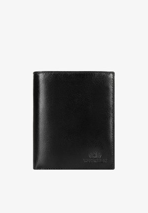 Schwarzes Lederportemonnaie mit sichtbarer Narbenstruktur und geprägt Wittchen-Logo in der unteren rechten Ecke, geschlossen und aufrecht.