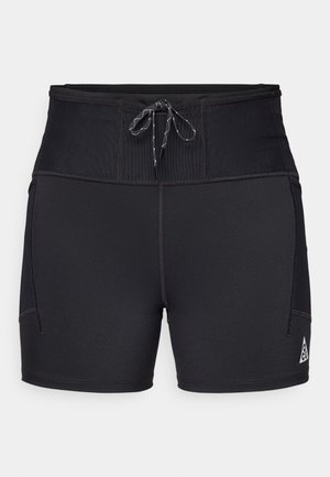 Black athletic shorts with a high waistband, adjustable drawstring, two side pockets, and a brand logo on the lower right side.