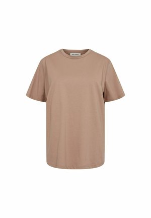 Beige unisex bomuld T-shirt med korte ærmer, rund hals, afslappet pasform og lige kant mod hvid baggrund.