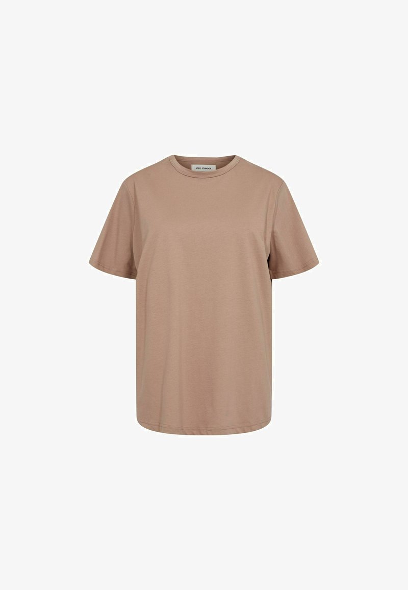 Μπεζ unisex βαμβακερό T-shirt με κοντά μανίκια, στρογγυλή λαιμόκοψη, χαλαρή εφαρμογή και ίσια ρόκη σε λευκό φόντο.