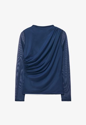 Mørkeblå langærmet top med gennemsigtige mesh-ærmer og rynket draperet stofdetalje på bagsiden.
