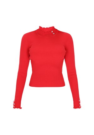 Rød, ribbet, langærmet top med en høj, voluminøs krave og knapdetaljer ved ærmerne. Tæt pasform, glat tekstur og lys farve.