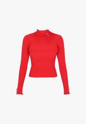 Rød, ribbet, langærmet top med en høj, voluminøs krave og knapdetaljer ved ærmerne. Tæt pasform, glat tekstur og lys farve.