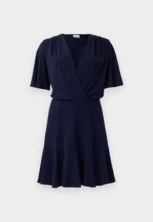 Marineblaue Kurzarmkleid mit V-Ausschnitt, Wickeloberteil, gerafften Schultern, tailliertem Bund und schwingendem, plissiertem Rock.