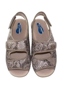 Sandalias ligeras con un patrón metálico de piel de serpiente; dos correas de velcro ajustables; color beige; plantilla perforada para transpirabilidad.