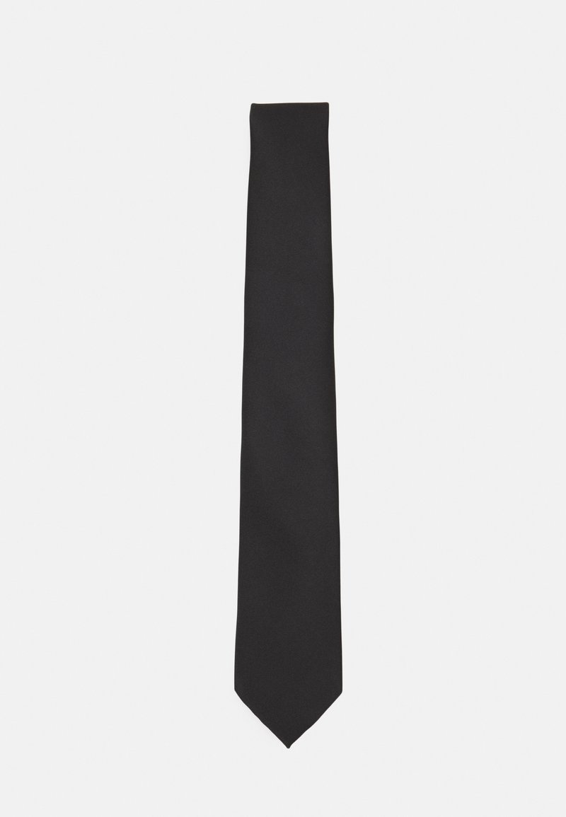Black tie made of smooth fabric, featuring a slim, elongated shape with a pointed tip and no visible patterns or accents.