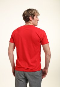 Rød kortærmet t-shirt lavet af bomuld; har en rund hals og et simpelt design. Båret med grå bukser, set fra ryggen.
